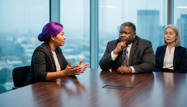 Diverse corporate executives having serious business meeting around large conference table in high rise boardroom overlooking city skyline view at daytime