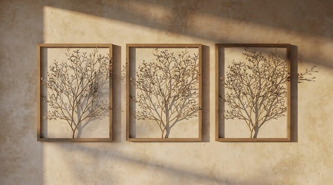 Three framed botanical artworks with natural light casting shadows on a textured wall.