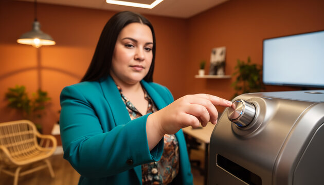 Plus size female professional turning metallic rotary dial on modern smart appliance in stylish warm office interior preparing fresh coffee in morning