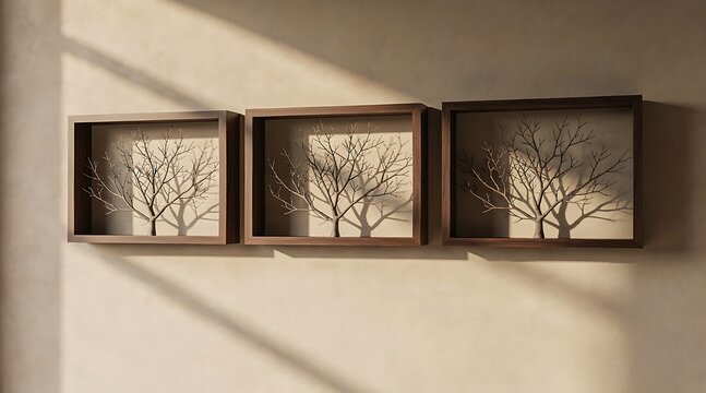 Three framed tree art pieces mounted on a wall with natural light casting shadows.