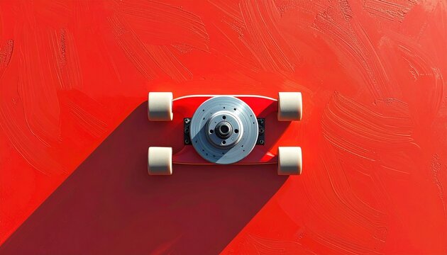 Skateboard wheels and trucks on red background.