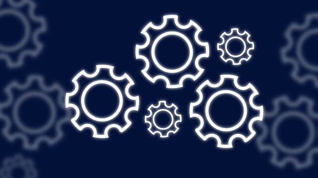 White glowing gear icons cogs animation displays rotating machine sets. Gear icons technology mechanism features interlocking cogs layout. Cogs animation sequence looks neat.