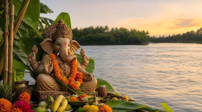 Ganesh Visarjan Eco Friendly Clay Ganesha Idol Riverbank Worship Sustainable Festival Banner with Copy Space