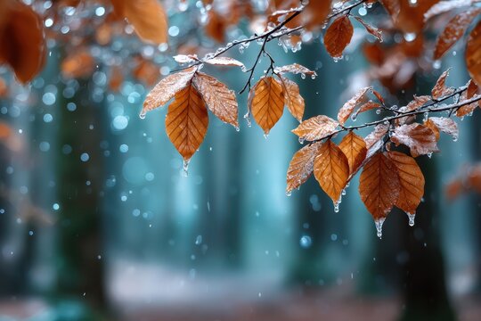 Frozen autumn leaves dripping in a misty forest