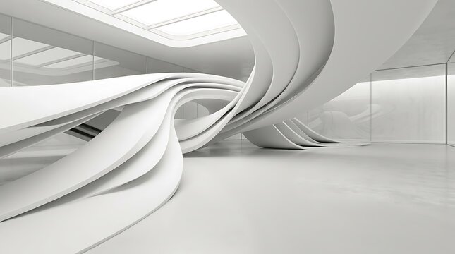 Abstract architectural interior design featuring flowing white curves and bright natural light in a modern minimalist space
