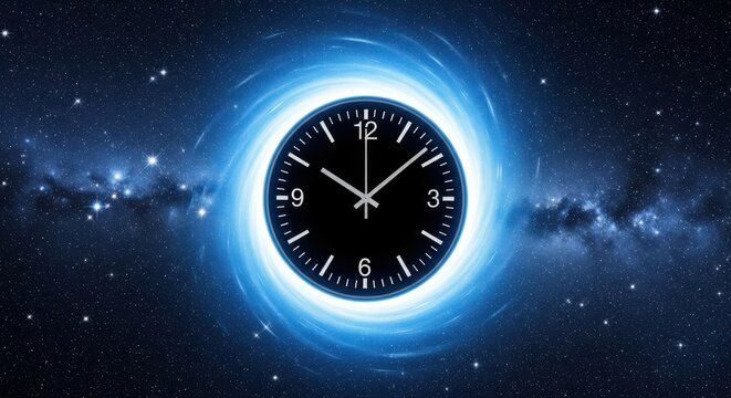 Surreal Concept of Time Travel with an Analog Clock in a Glowing Blue Space Vortex and Starry Galaxy Background