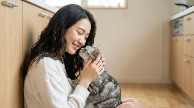 Young Asian woman happily cuddling her pet cat indoors.