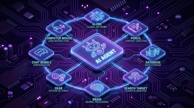 Ai agent ecosystem with central robot icon and surrounding functional modules