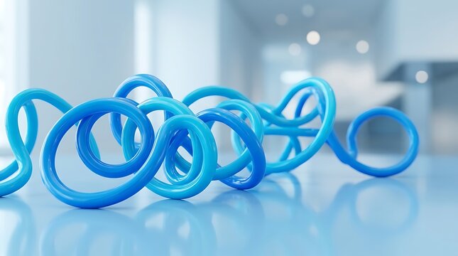 Abstract 3d render of blue swirling shapes creating a modern artistic composition on a reflective light surface