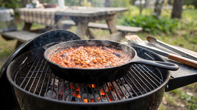 Baked beans cooking in cast iron skillet on grill