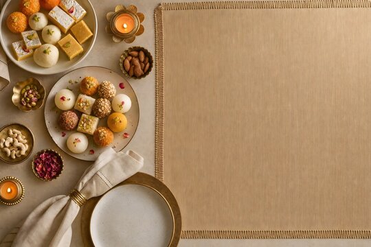 Assorted Indian Mithai Sweets and Festive Decorations with Copy Space
