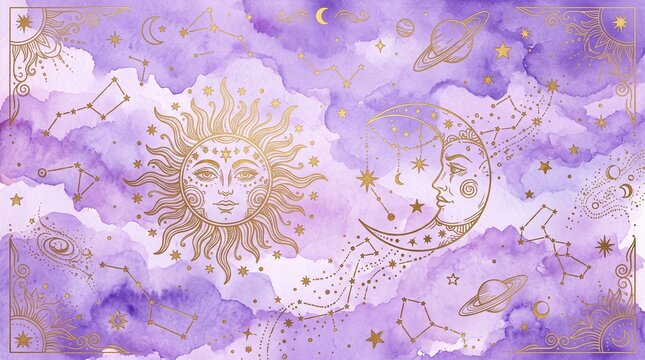 Celestial background featuring a golden sun and moon face illustration against a soft purple watercolor cloud sky with intricate star constellations and planet motifs for mystical banner design
