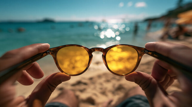 Person Holding Sunglasses Looking at Sunny Tropical Beach