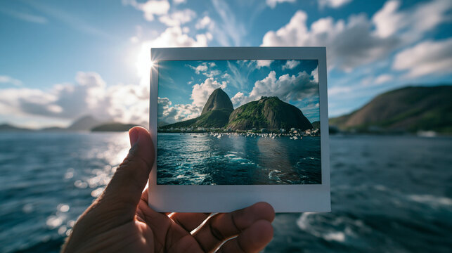 Hand Holding Instant Photo Aligning with Sugarloaf Mountain in Rio