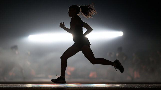 Silhouette of Female Runner Sprinting in Dramatic Light