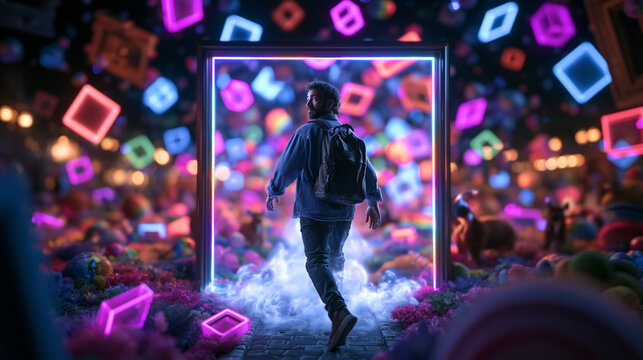 Man Stepping Through Glowing Neon Portal into Metaverse