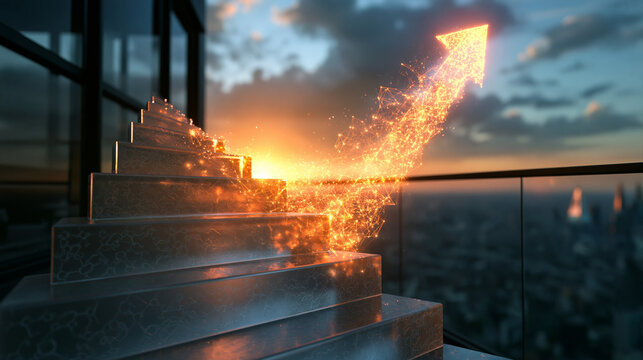 Glowing Arrow on Stairs Symbolizing Business Growth and Success
