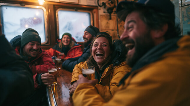 Group of Friends Laughing and Drinking Beer in Cozy Winter Cabin