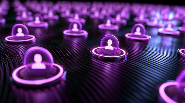 Glowing Purple User Profile Icons in Digital Network Grid