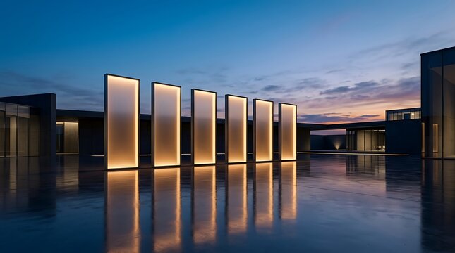 Modern architectural building exterior with illuminated glass panels reflecting in a calm water pool at twilight blue hour