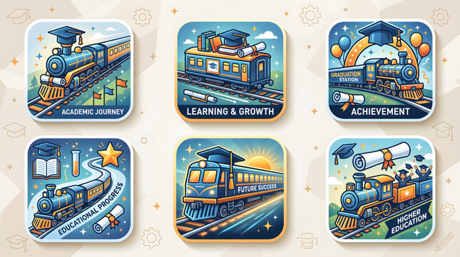 education train concept icons with graduation caps and diplomas