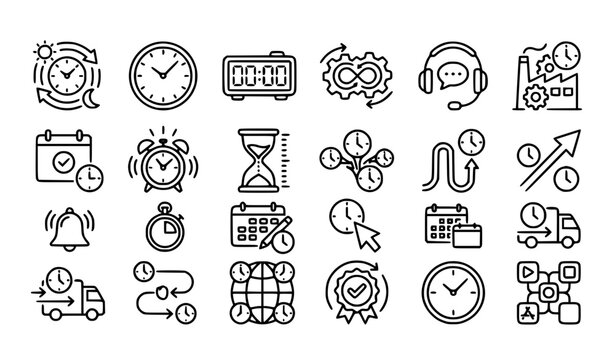 24 Hour Clock Line Icons Collection with Time Schedule Availability and Web Interface Symbols