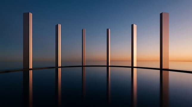 Minimalist architectural pillars standing in calm water reflecting a beautiful sunset sky in a serene outdoor setting