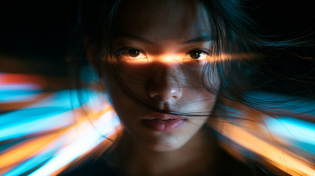 Futuristic Cyber Portrait of Young Asian Woman with Light Flare