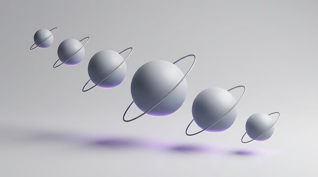 A row of floating spheres with rings arranged in a sequence of varying sizes on a light background