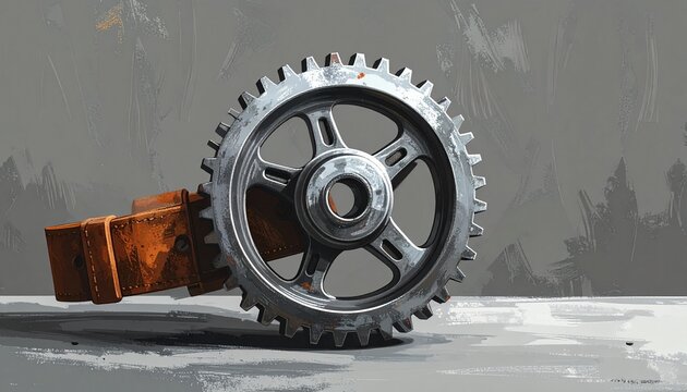 Large metal gear wheel on rustic wooden surface.