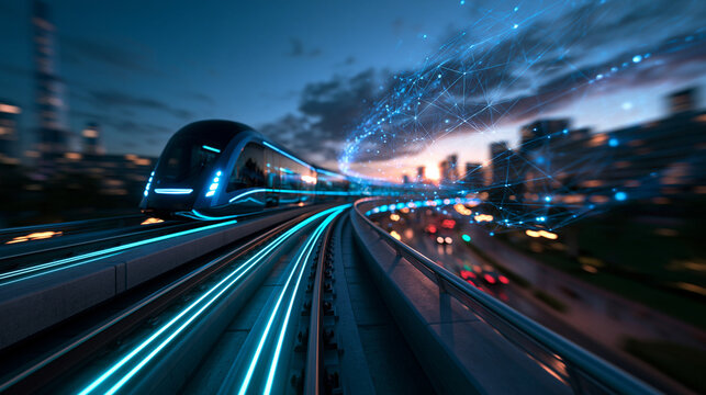 Futuristic High Speed Train Moving Through Smart City at Dusk