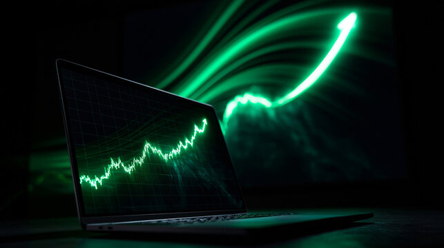 Laptop Displaying Glowing Green Rising Stock Market Chart