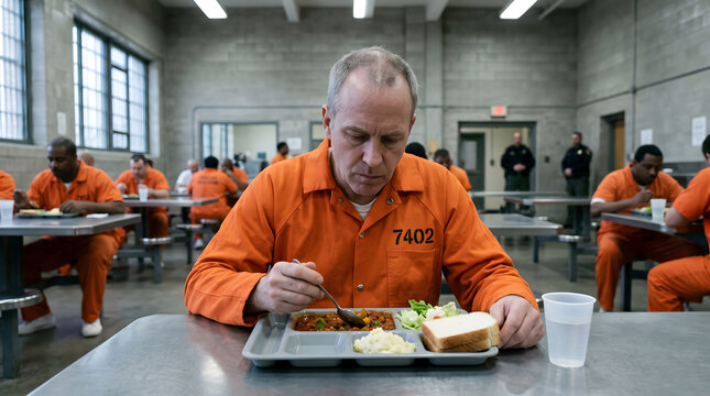 Prisoner eating meal in cafeteria orange jumpsuit