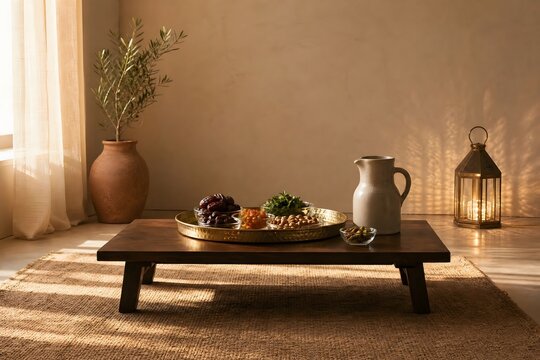 Mediterranean Appetizers on a Wooden Table with Warm Sunlight and Rustic Decor