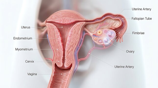 Anatomical diagram of the female reproductive system with labels
