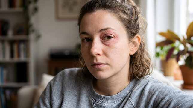 Woman with inflamed eye and eyelid skin condition