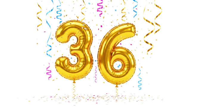Golden number 36 balloons with confetti and streamers, celebration, birthday, anniversary, party, event, decoration, festive, gold.