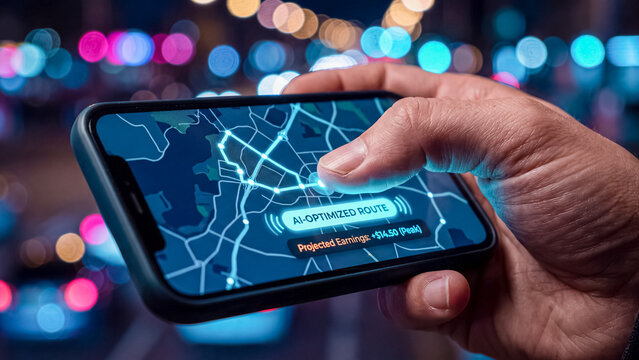 Hand holding smartphone displaying AI optimized route navigation map for driver at night