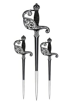 Set of Three Ornate Vintage Swords with Decorative Filigree Hilts - Black and White Vector Illustration for Design