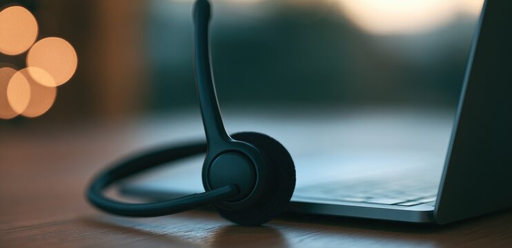 Close-up of a headset with microphone resting on a laptop keyboard.
