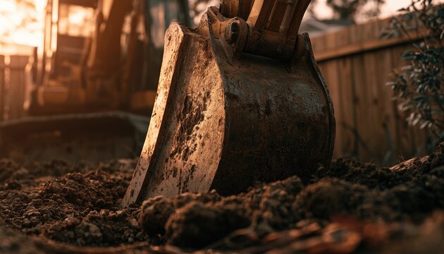 Close-up of Excavator Bucket Digging into Earth at Sunset.