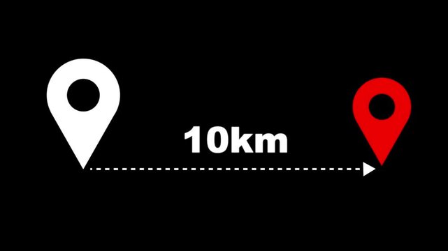 10 km distance from one place to another animation isolated on black background. distance from one place to another is kilometer.