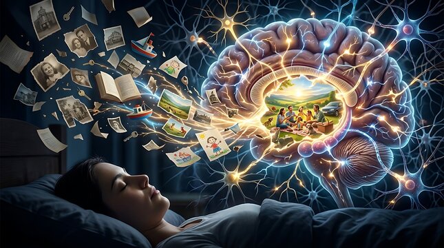 Woman sleeping with glowing brain visualization of memories and dreams