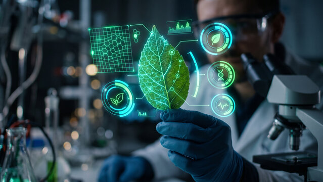 Concept illustration of agricultural biotechnology and plant research, showing a scientist holding a leaf surrounded by glowing green holographic genetic analysis and data screens