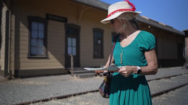 Happy senior woman visits Depot Museum in Sonoma California and enjoys the surroundings while tasting local wine.