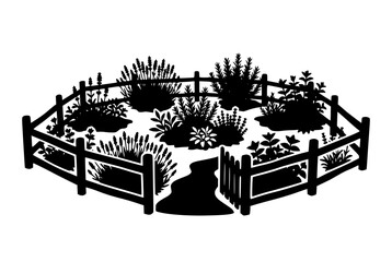 Naklejka premium Garden Silhouette with Wooden Fence Path and Plants