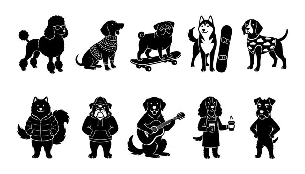 Dog Character Icons Black Silhouettes with Varied Styles, Accessories, and Poses for Pet-Themed Design and Branding