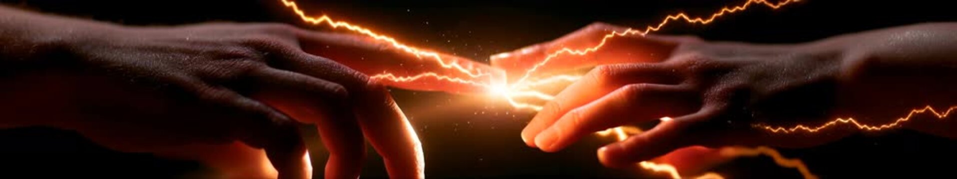 Panoramic Looped Animation of Two Hands Reaching Through Glowing Orange Energy and Electric Light