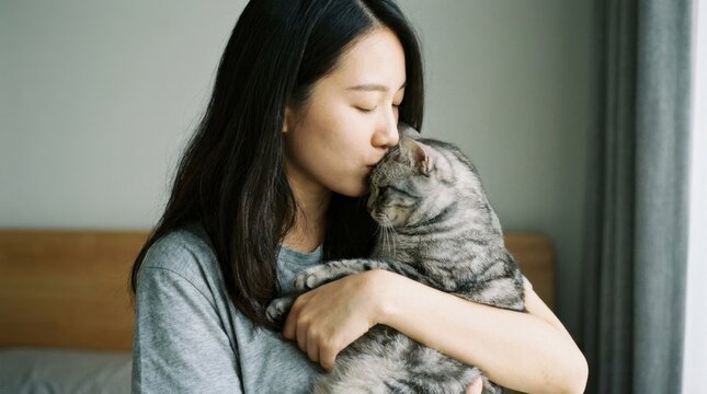 Young Asian woman tenderly hugging and kissing her beloved pet cat indoors.