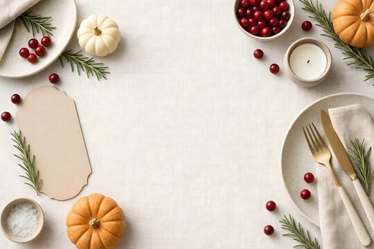 Autumn Thanksgiving Table Setting with Pumpkins and Cranberries on White Linen